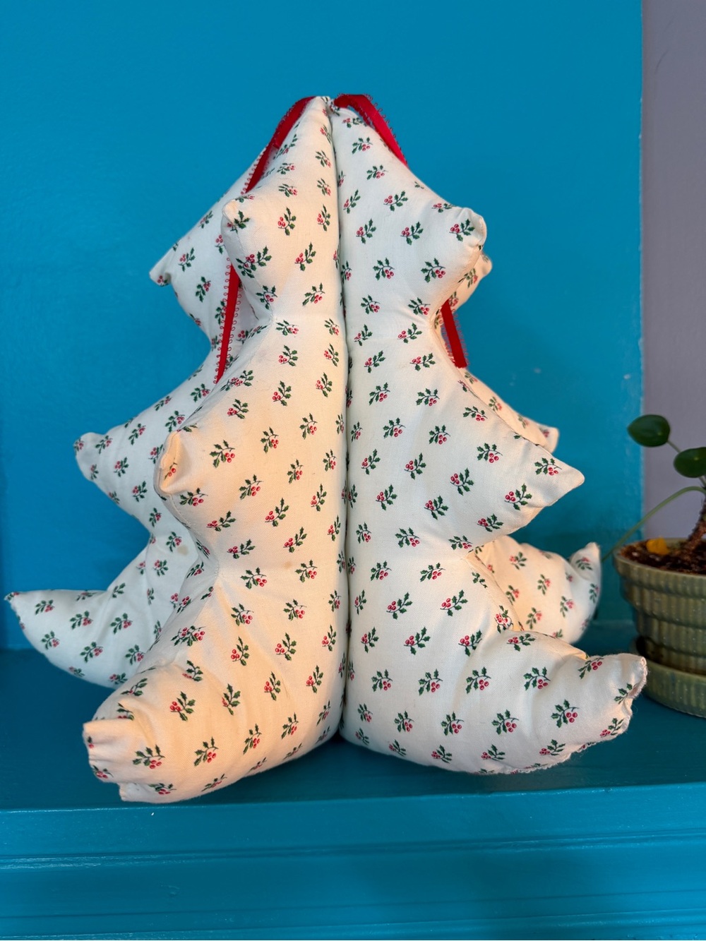 Festive Cream Fabric Tree Pillow with Red and Green Holly Print